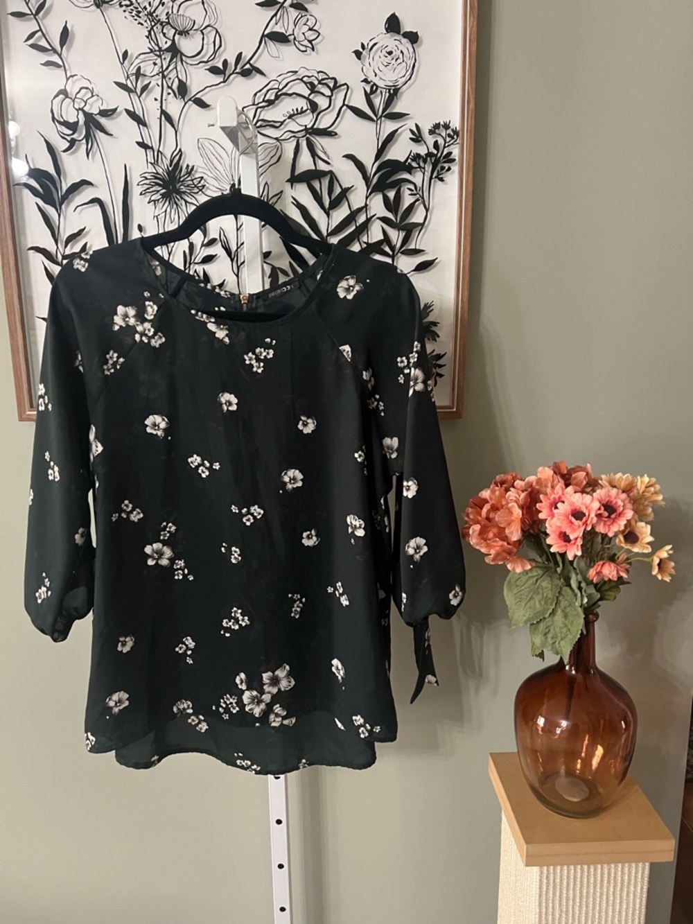 Papermoon Black Floral Larie Tie 3/4 Sleeve Boho Blouse Size Large